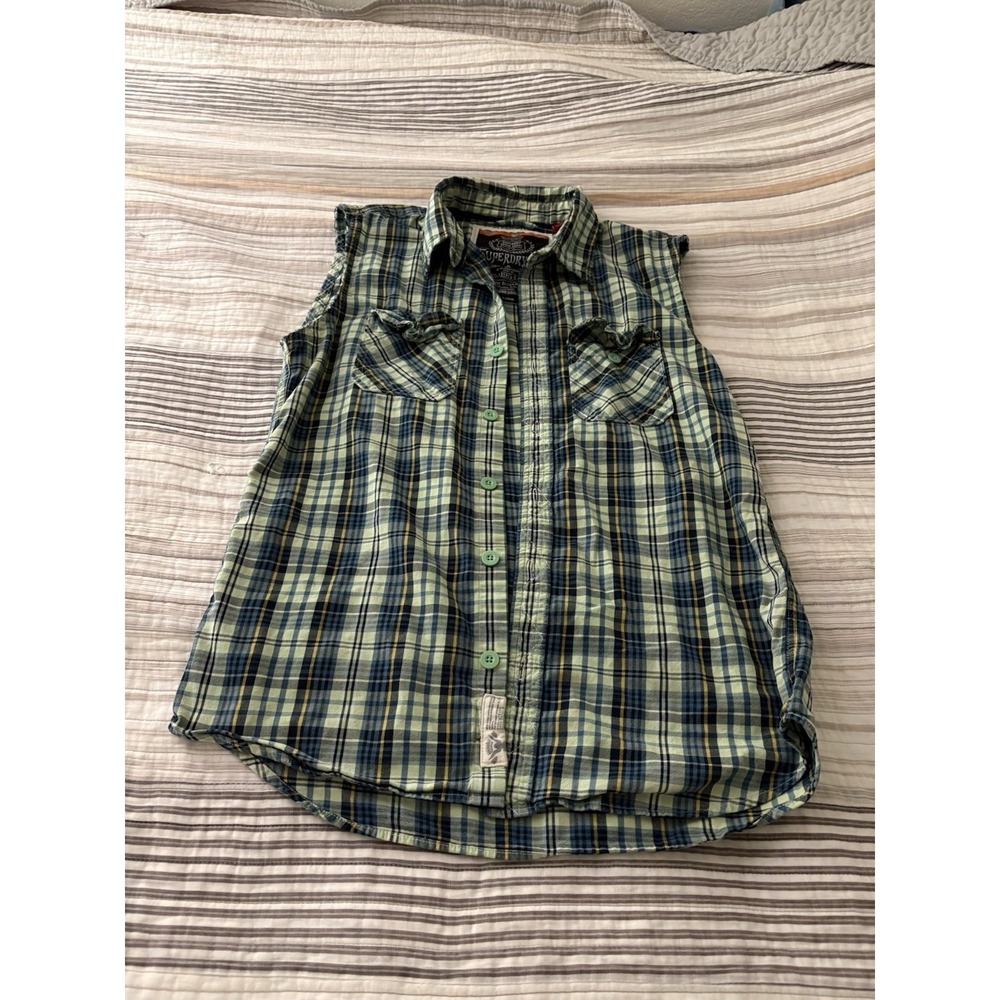 USED Superdry Flannel Vest Mens Size Large - GREEN/BLUE Pattern